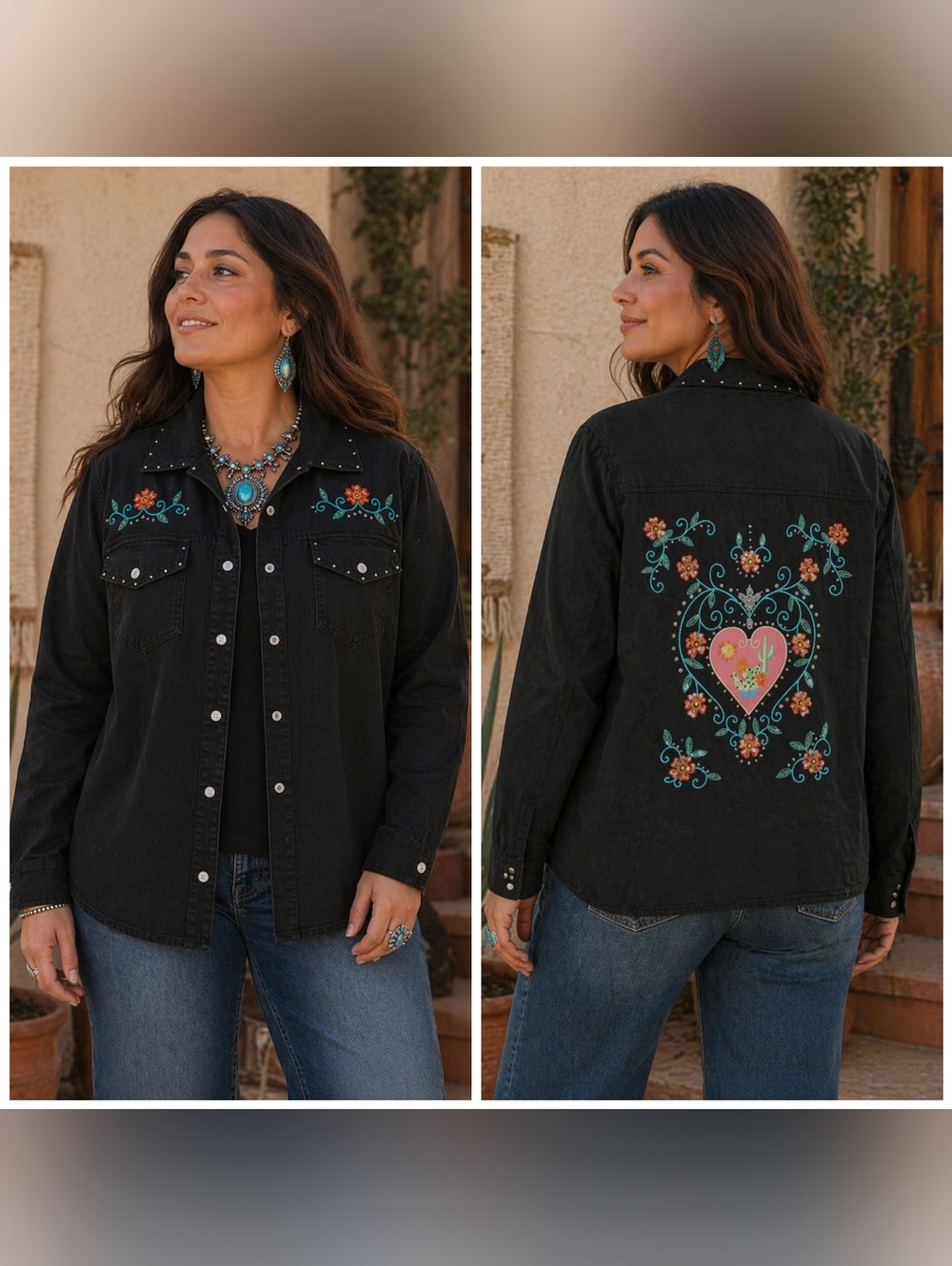 Michael Simon Heart of Southwest Beaded  Embroidered Black Jean Jacket Size 1X